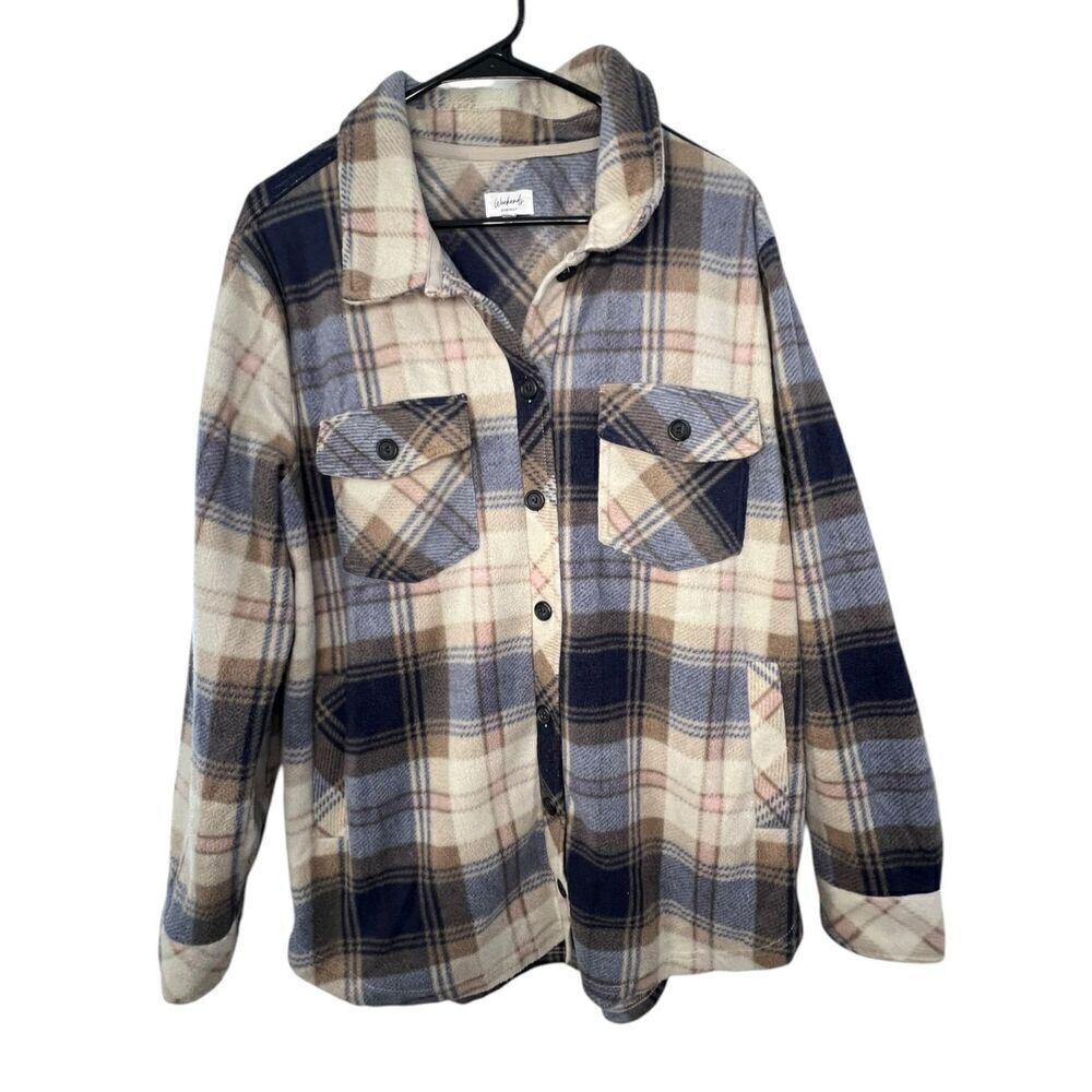 Weekends Everyday Plaid Fleece Button Up Long Sleeve Shacket